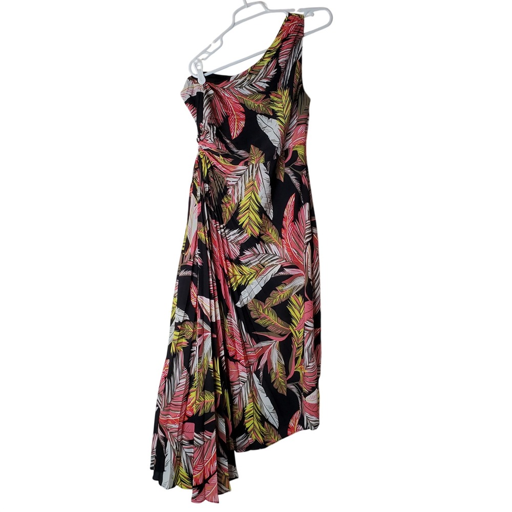 Nicole Miller One Shoulder‎ Pleated Maxi Dress Size 12 Black Tropical Palm Leaf